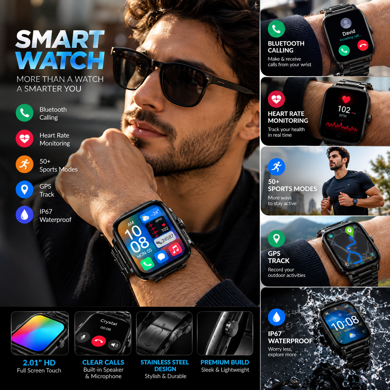 2.01″ HD Smart Watch with Bluetooth Calling, Fitness Tracking & Sports Modes