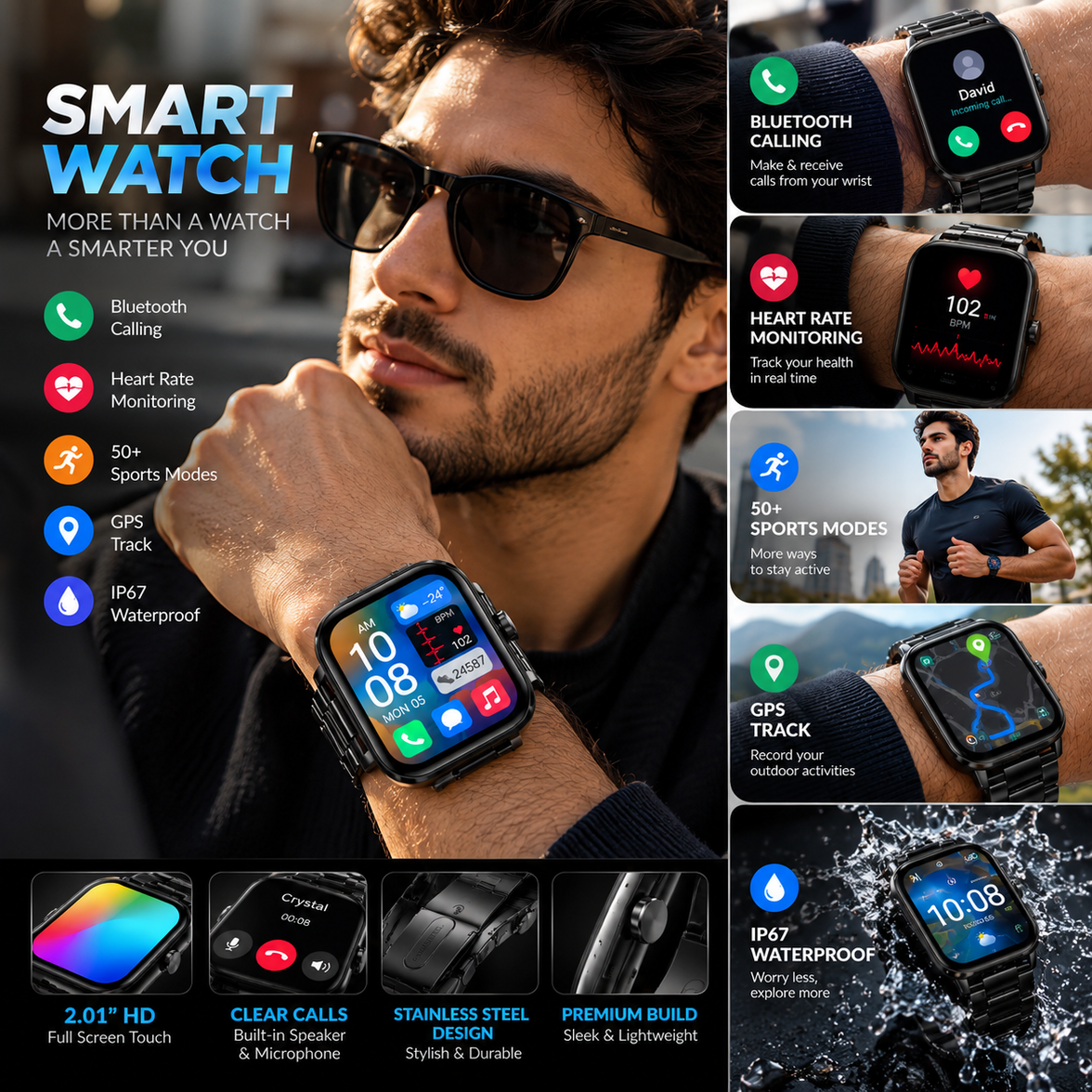 2.01″ HD Smart Watch with Bluetooth Calling, Fitness Tracking & Sports Modes