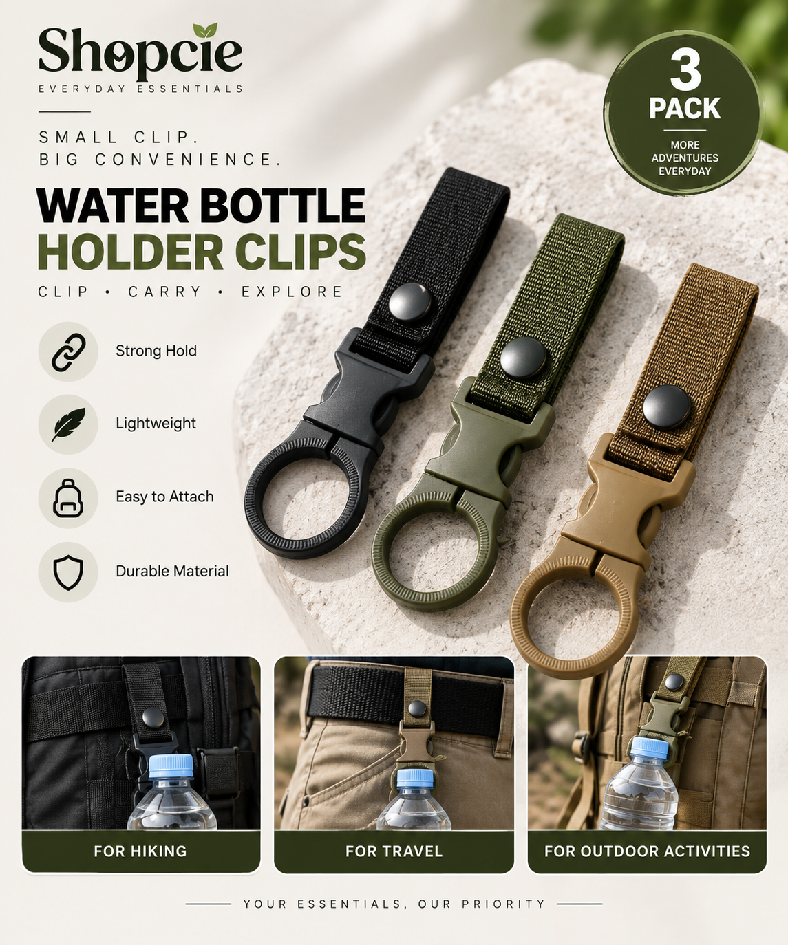3-Pack Outdoor Water Bottle Holder Clips – Backpack & Belt Bottle Carriers