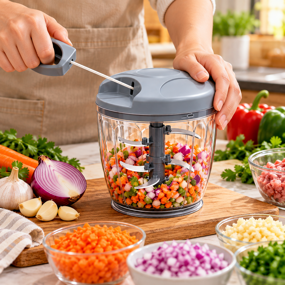 900ML Manual Food Chopper with 5 Blades – Vegetable, Garlic & Meat Chopper