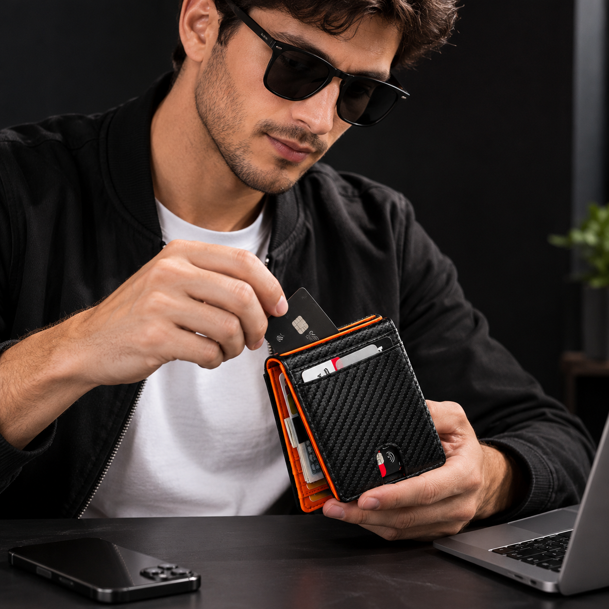 Men’s Carbon Orange RFID Blocking Bifold Wallet – Slim Carbon Fiber Card Holder