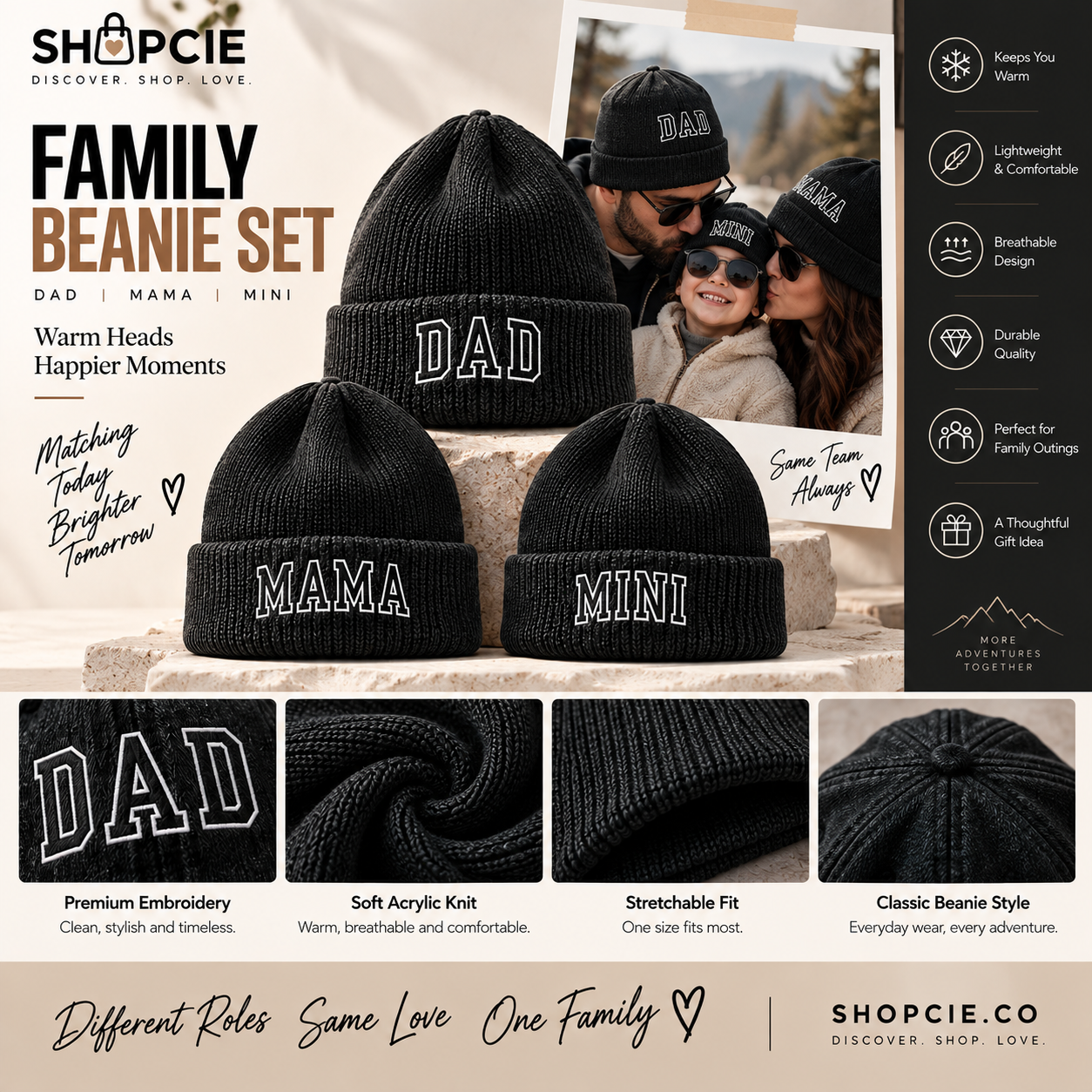 Matching Family Embroidered Beanies – Dad, Mom & Mini