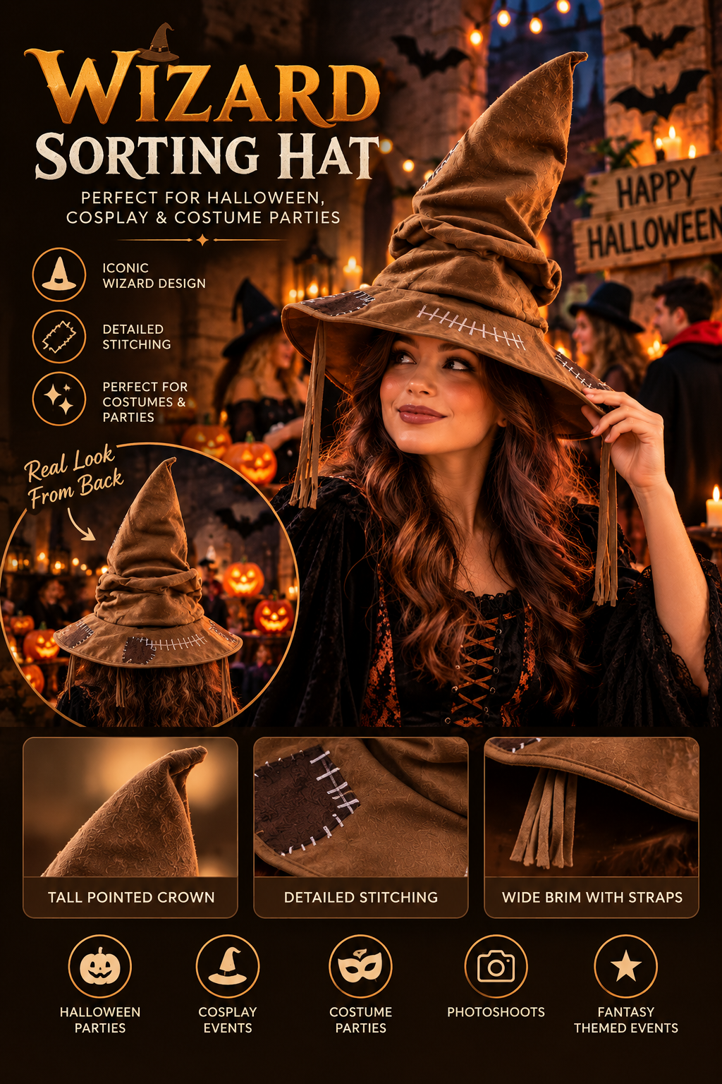 Brown Wizard Sorting Hat – Halloween Cosplay & Costume Party Hat