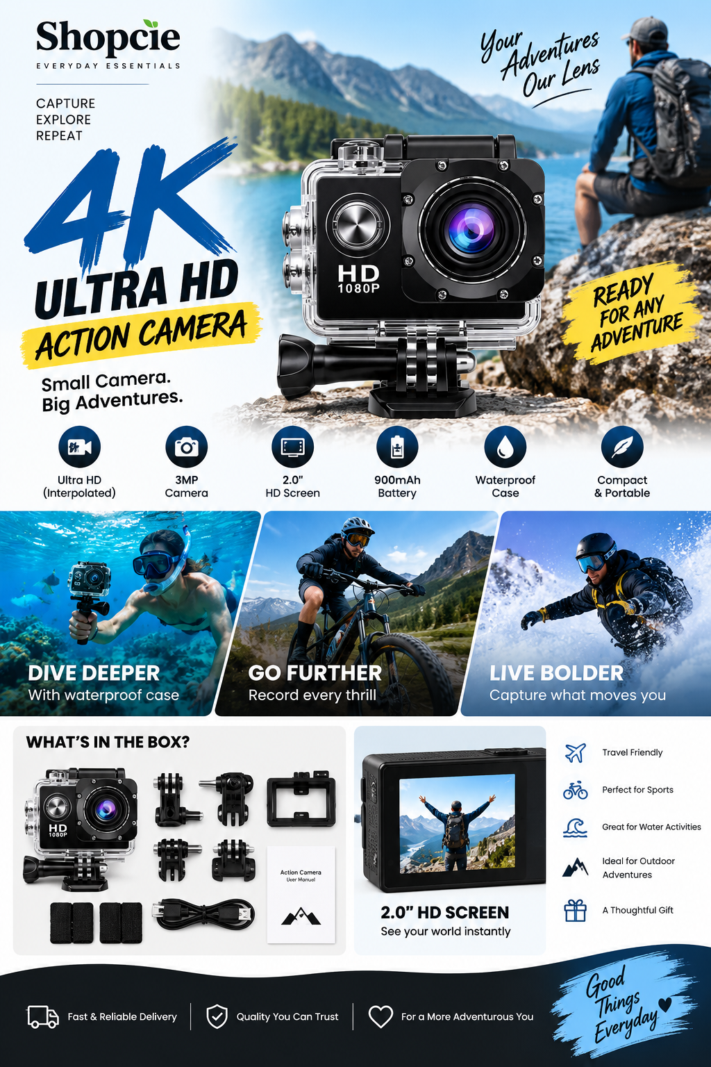 4K Ultra HD Action Camera with Waterproof Case