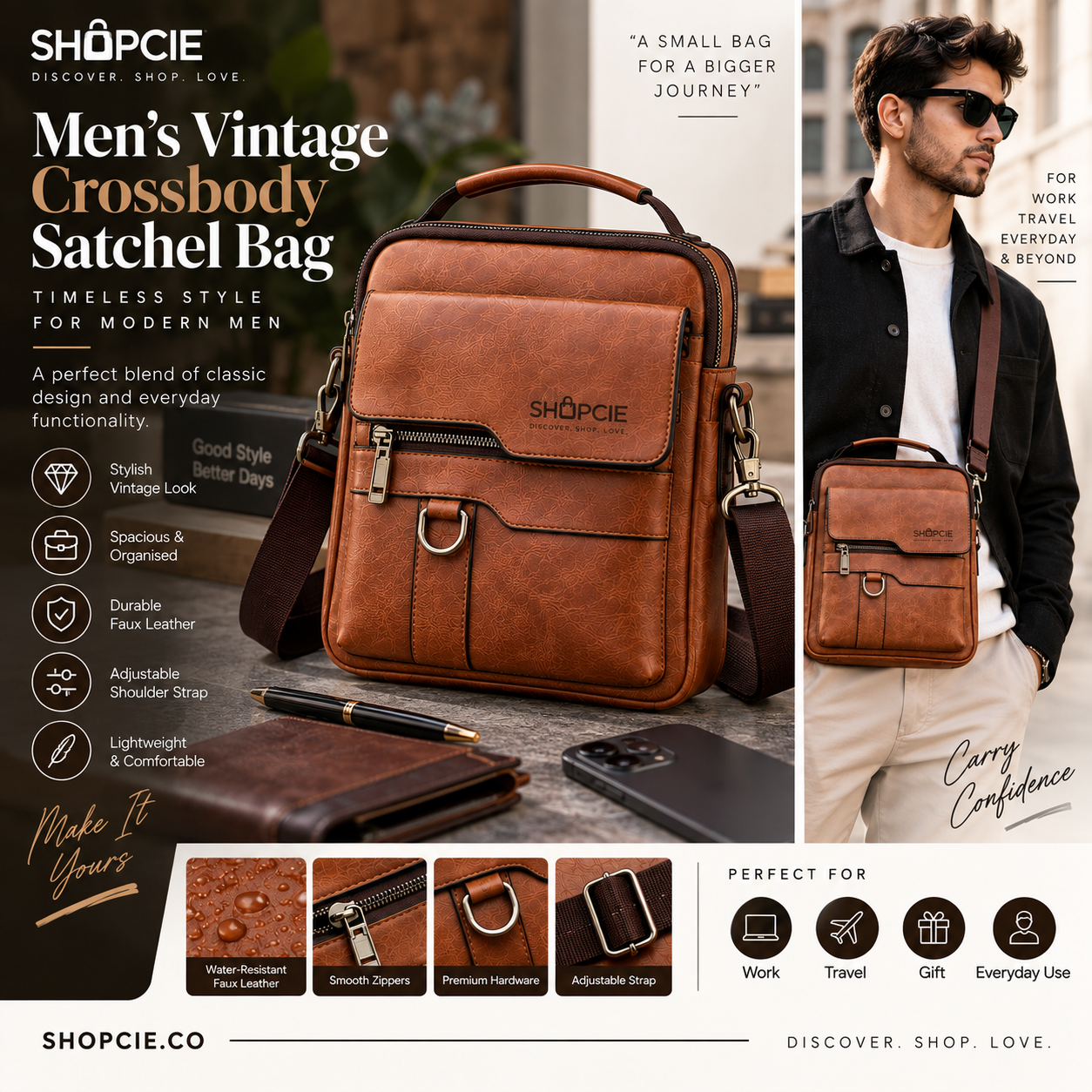 Men’s Vintage Faux Leather Crossbody Satchel Bag