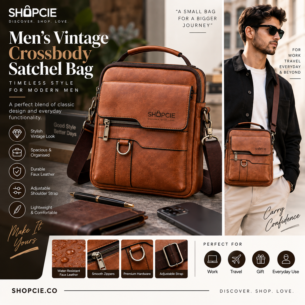 Men’s Vintage Faux Leather Crossbody Satchel Bag