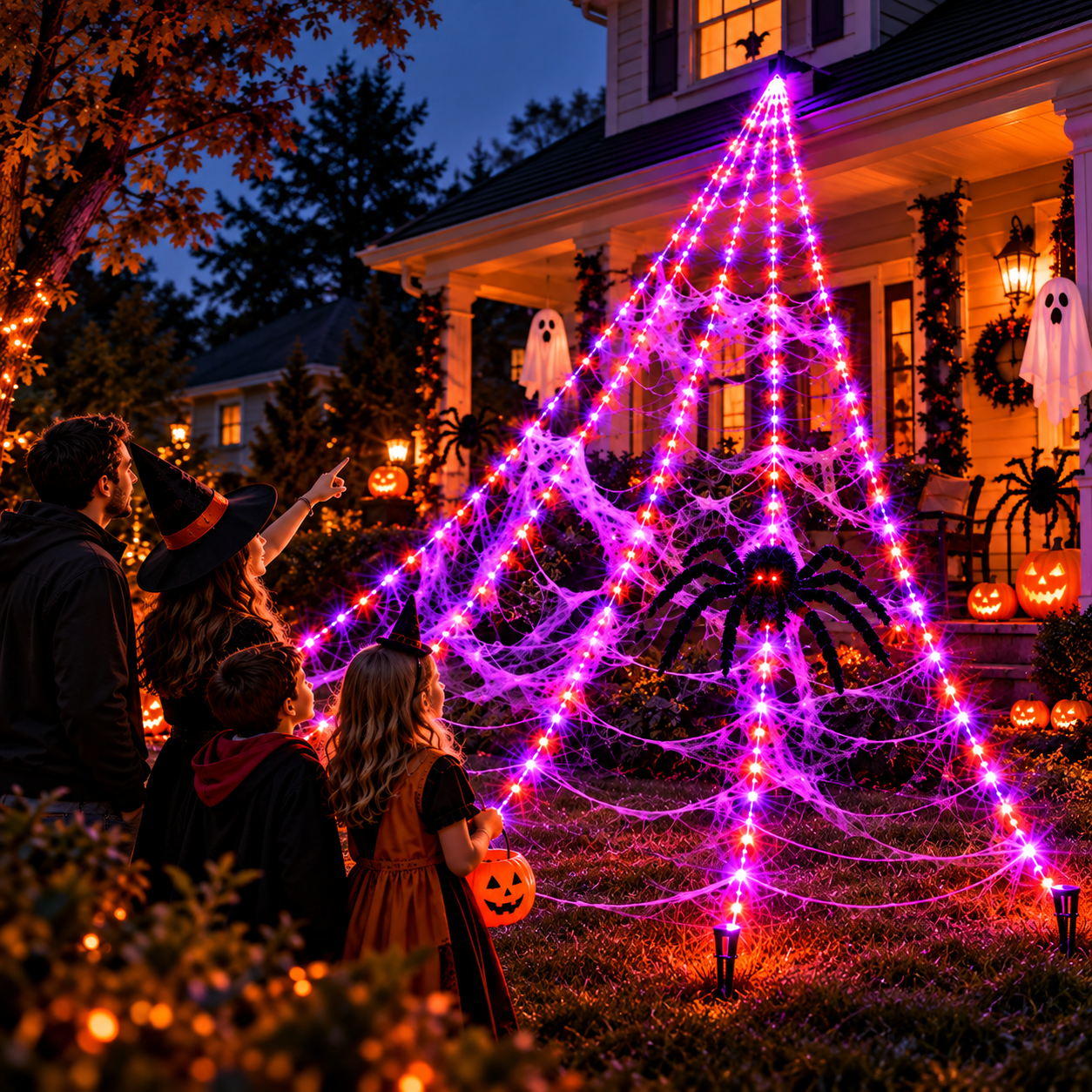 8-Mode Halloween Spider Web LED Lights – Outdoor Giant Web Decoration