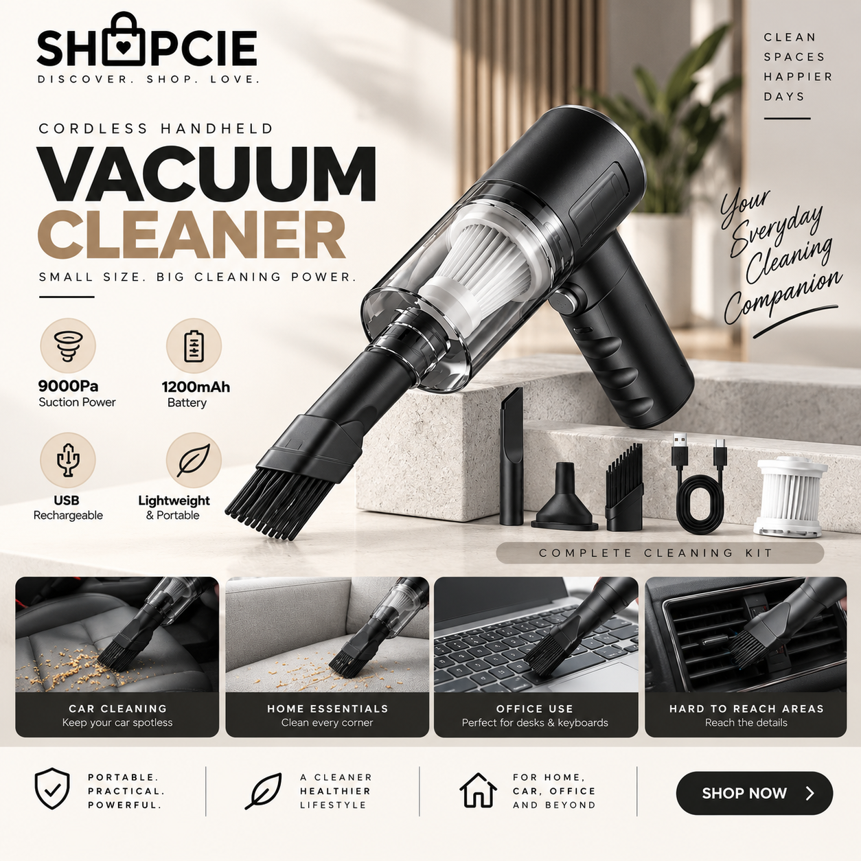 Cordless Handheld Car Vacuum – USB Rechargeable Portable Cleaner