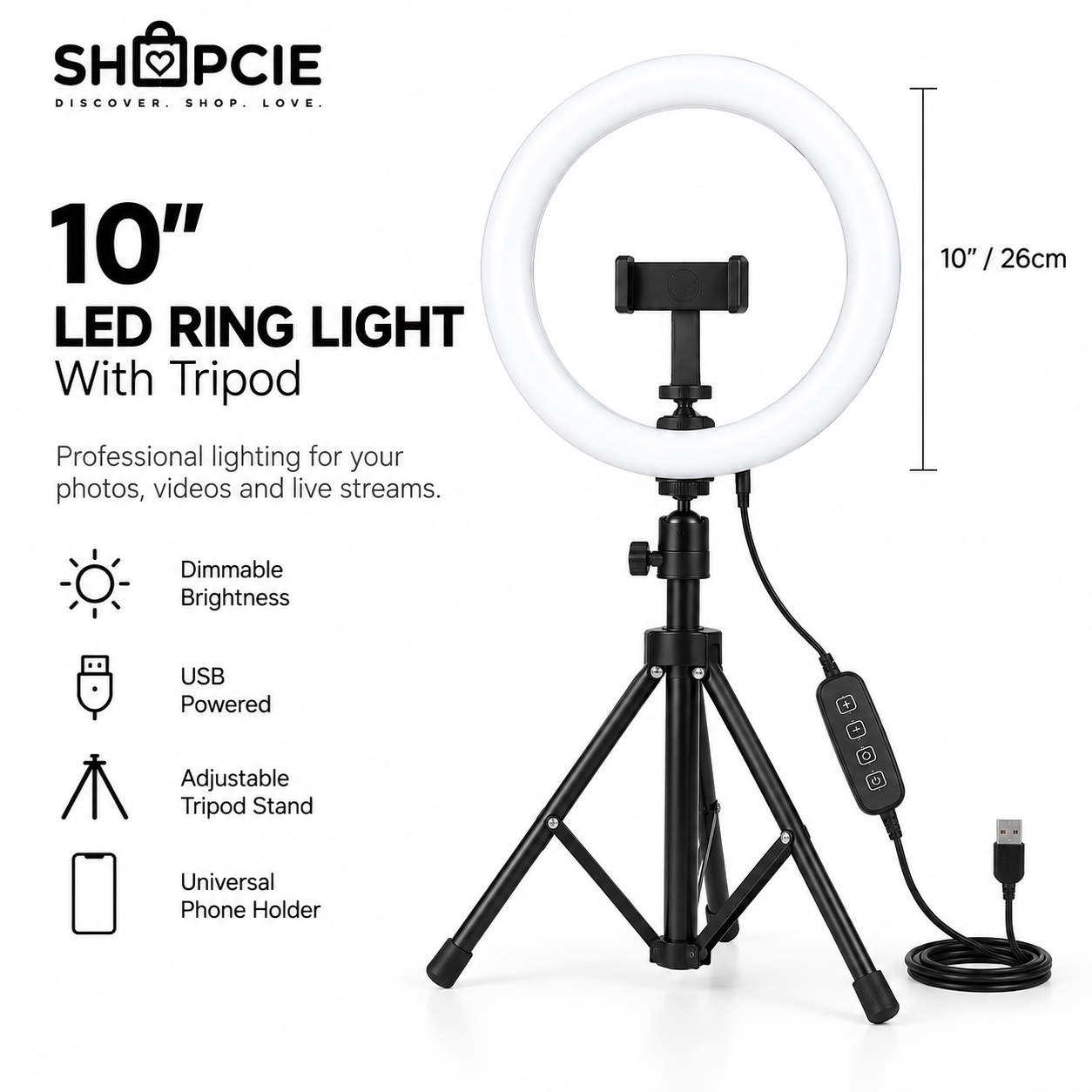 Dimmable LED Ring Light with Tripod – USB Selfie & Streaming Light