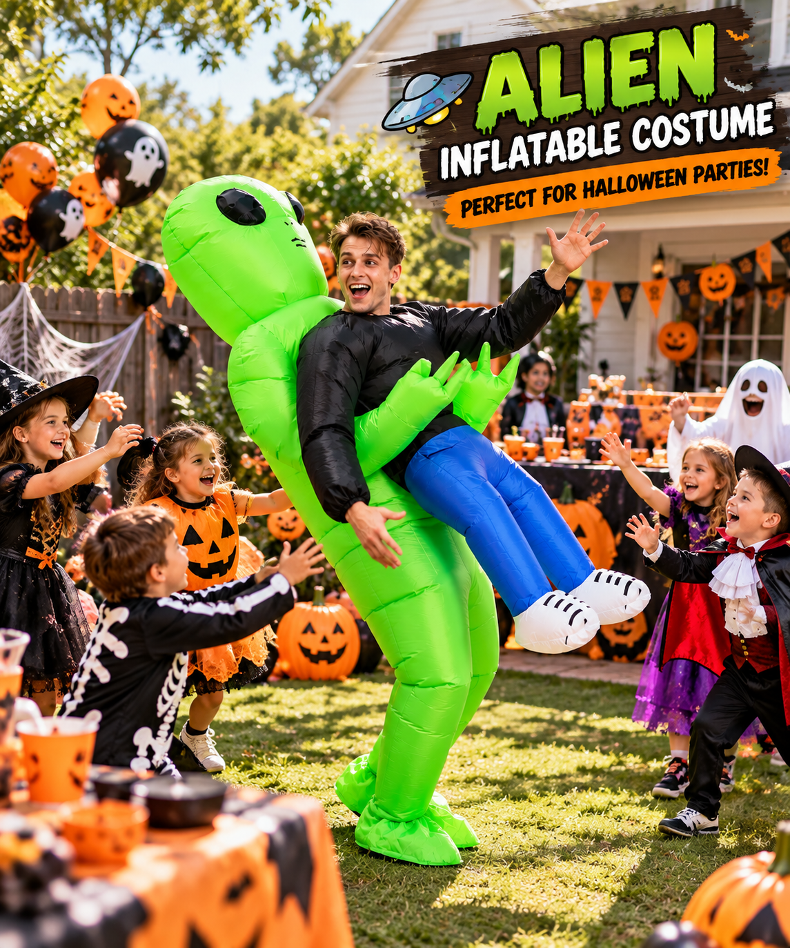 Adult Green Alien Inflatable Costume – Funny Carry-Me Halloween Party Suit
