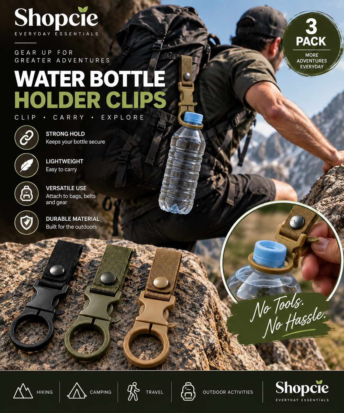 3-Pack Outdoor Water Bottle Holder Clips – Backpack & Belt Bottle Carriers