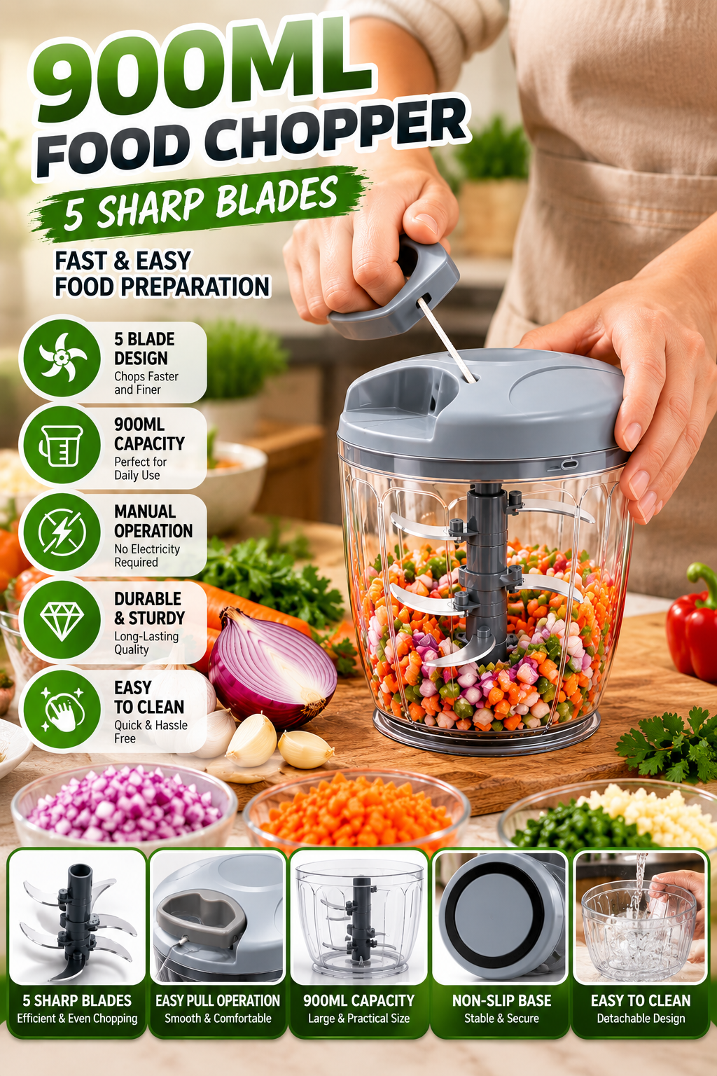 900ML Manual Food Chopper with 5 Blades – Vegetable, Garlic & Meat Chopper