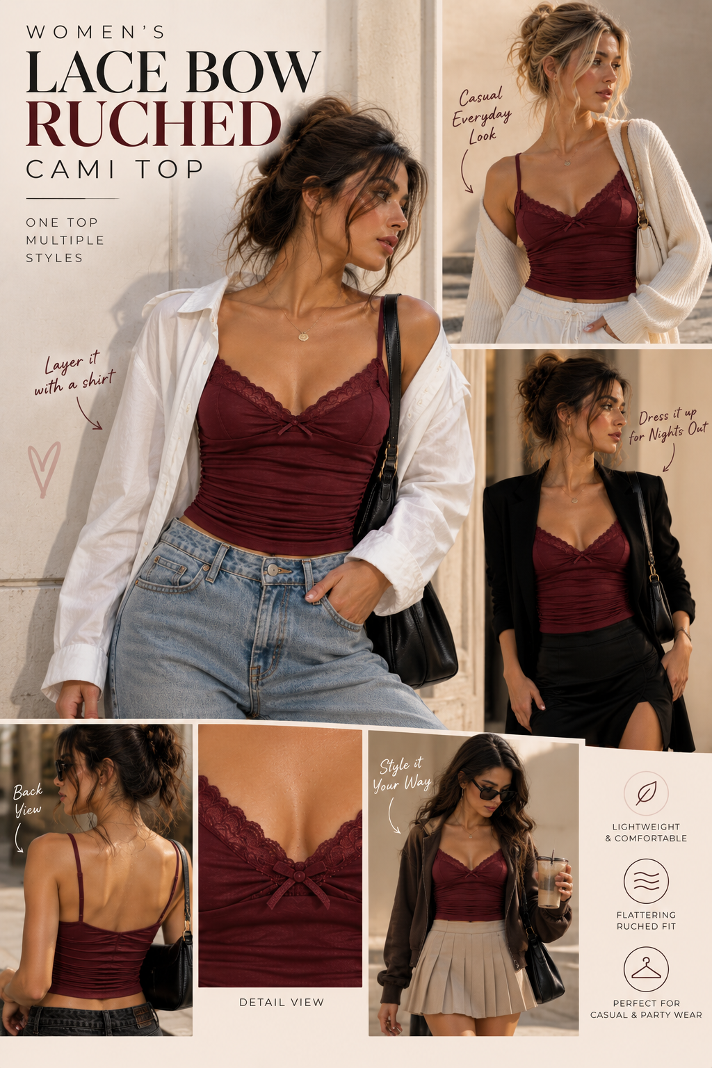 Women’s Lace Bow Ruched Cami Top – Backless Y2K Crop Tank