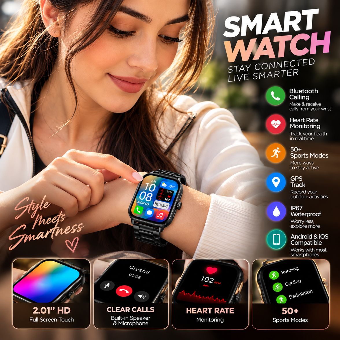 2.01″ HD Smart Watch with Bluetooth Calling, Fitness Tracking & Sports Modes