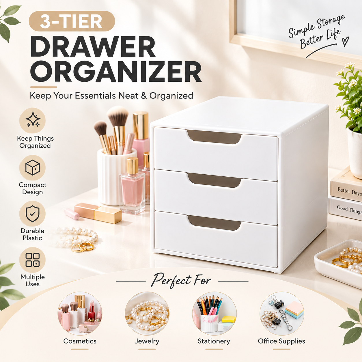 White 3-Tier Drawer Organizer – Storage Box for Cosmetics, Jewelry & Office Supplies