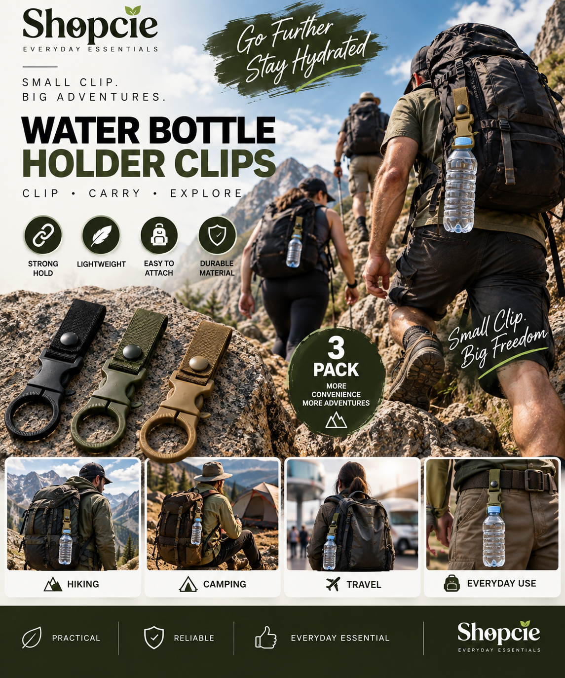 3-Pack Outdoor Water Bottle Holder Clips – Backpack & Belt Bottle Carriers