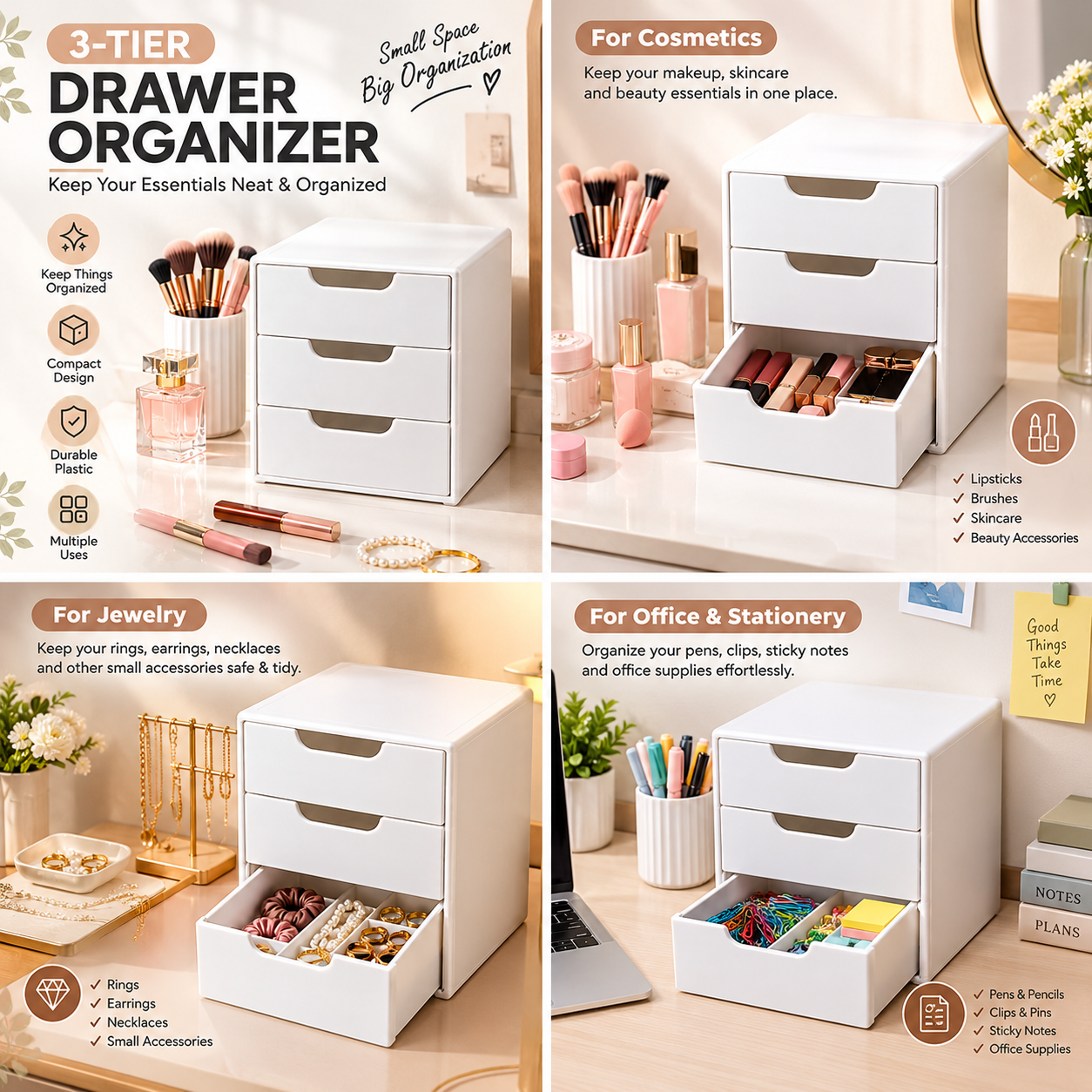 White 3-Tier Drawer Organizer – Storage Box for Cosmetics, Jewelry & Office Supplies