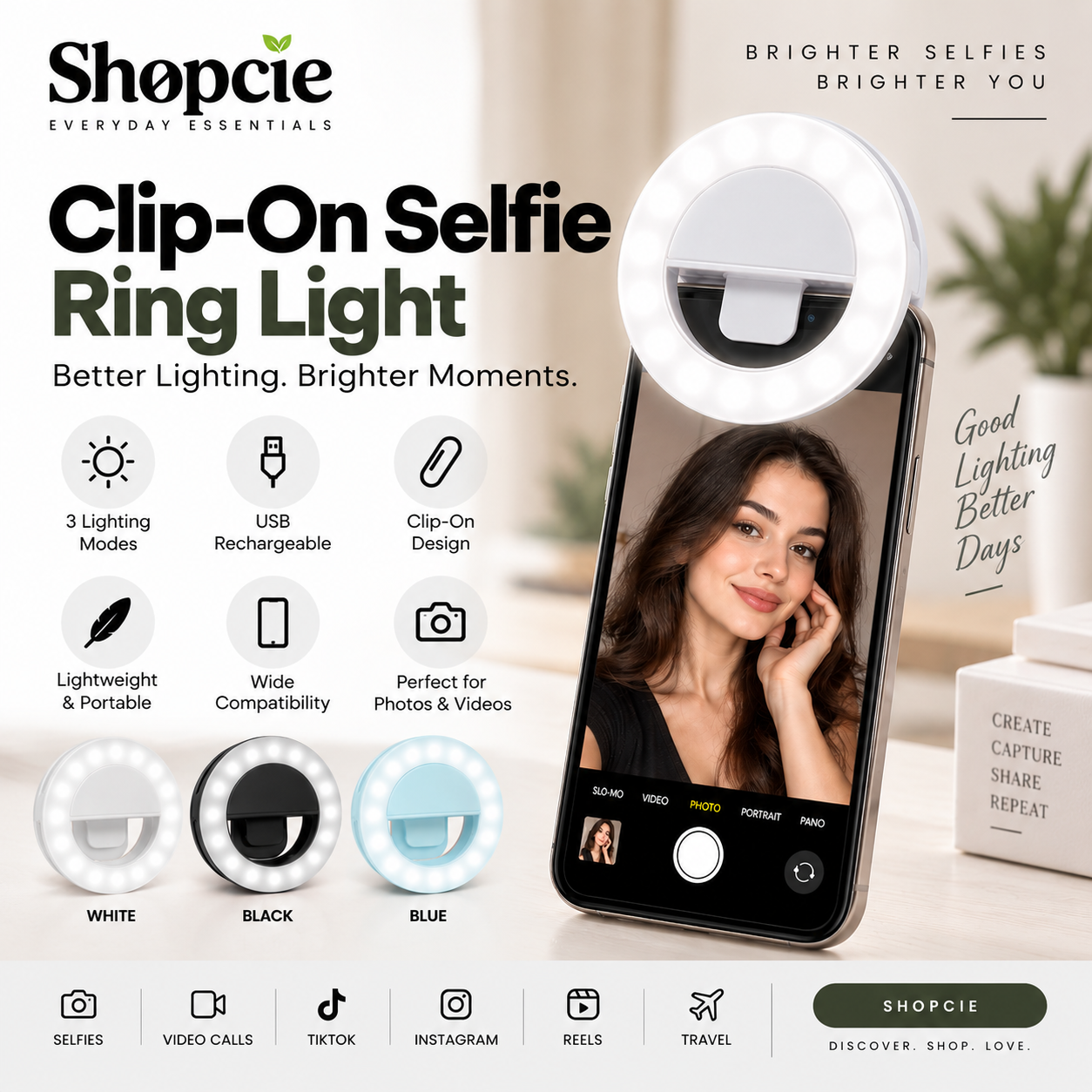Rechargeable Clip-On Selfie Ring Light