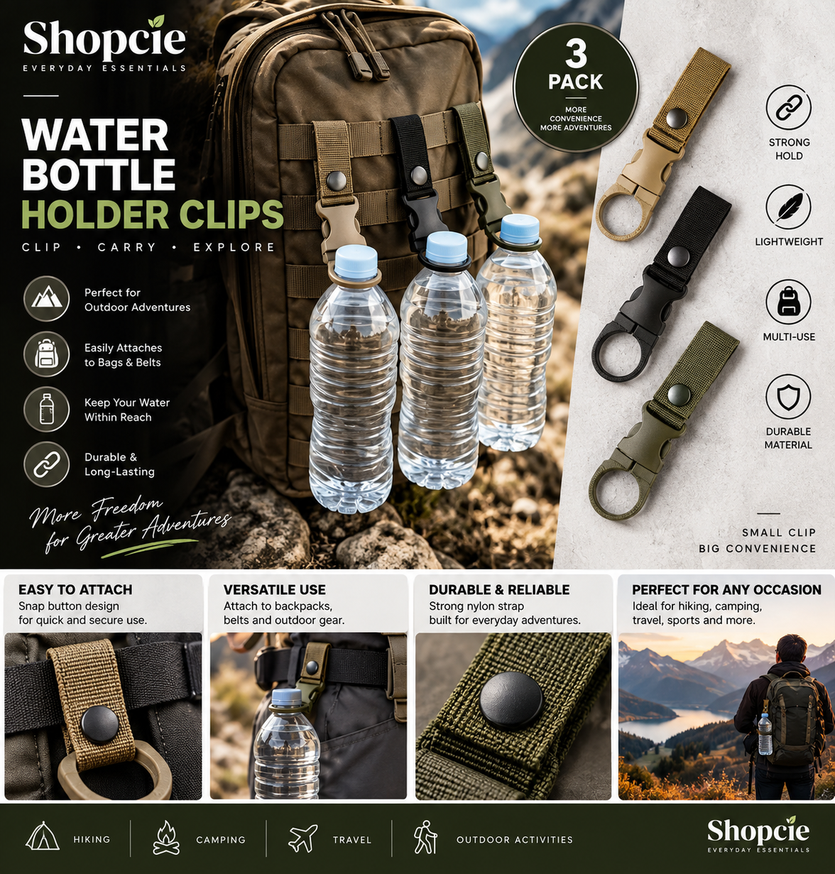 3-Pack Outdoor Water Bottle Holder Clips – Backpack & Belt Bottle Carriers