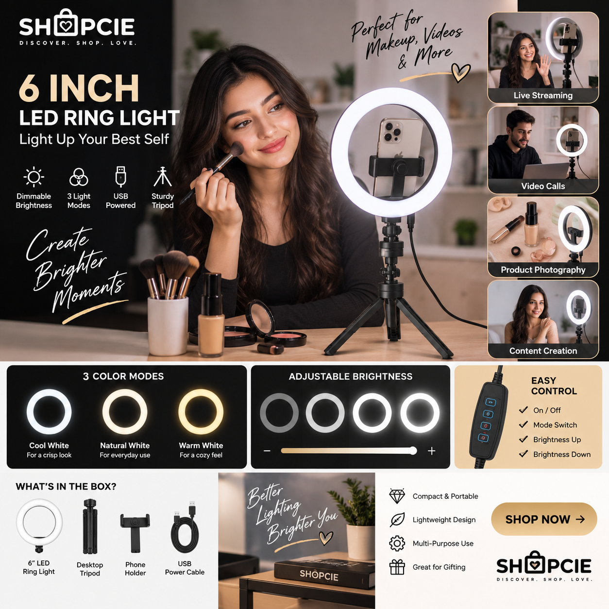 Dimmable LED Ring Light with Tripod – USB Selfie & Streaming Light