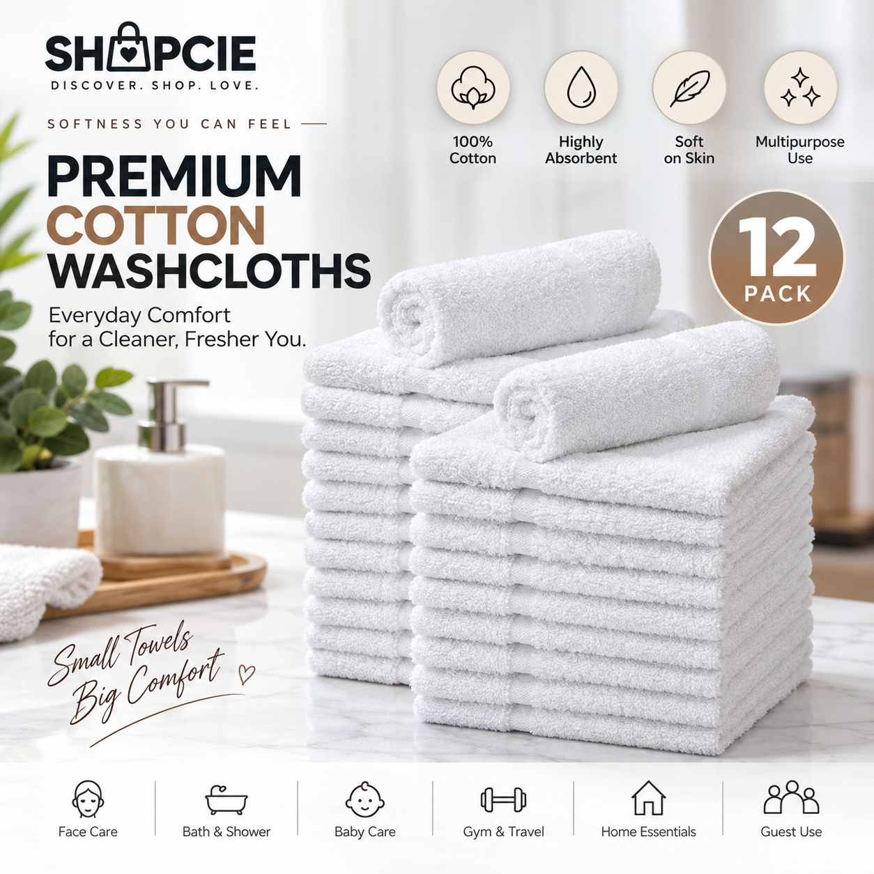 12-Pack 100% Cotton Washcloths – Soft & Absorbent Face and Body Towels