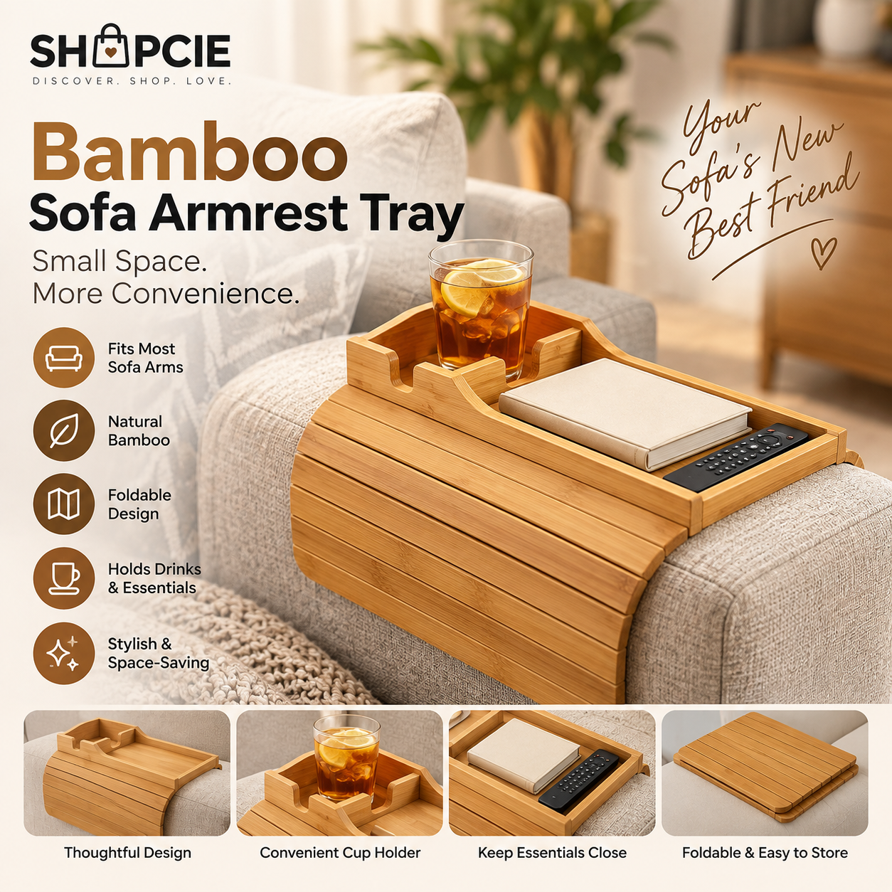 Foldable Bamboo Sofa Armrest Tray – Couch Side Table for Drinks & Essentials