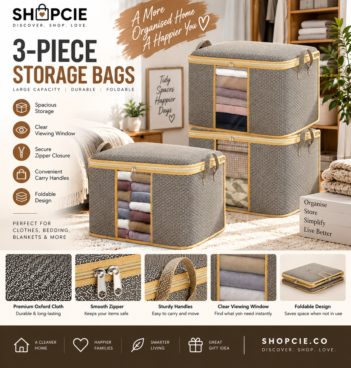 3-Piece Large Capacity Fabric Storage Bags with Clear Windows