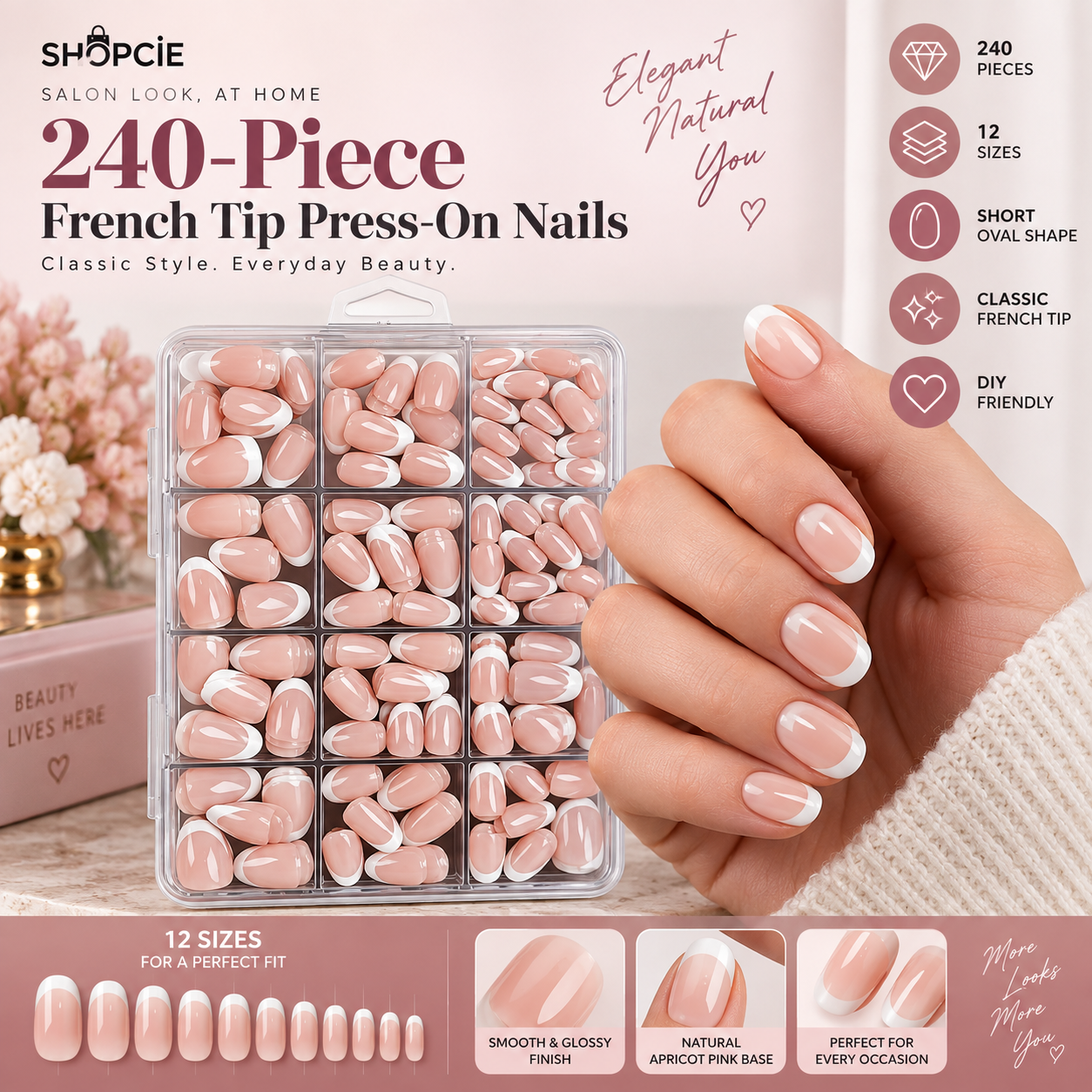 240-Piece French Tip Press-On Nail Set – 12 Sizes
