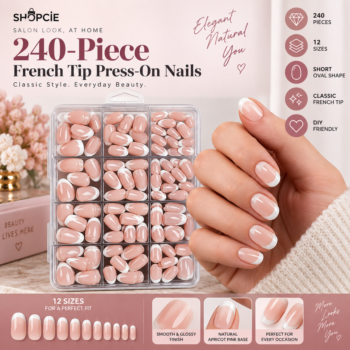 240-Piece French Tip Press-On Nail Set – 12 Sizes