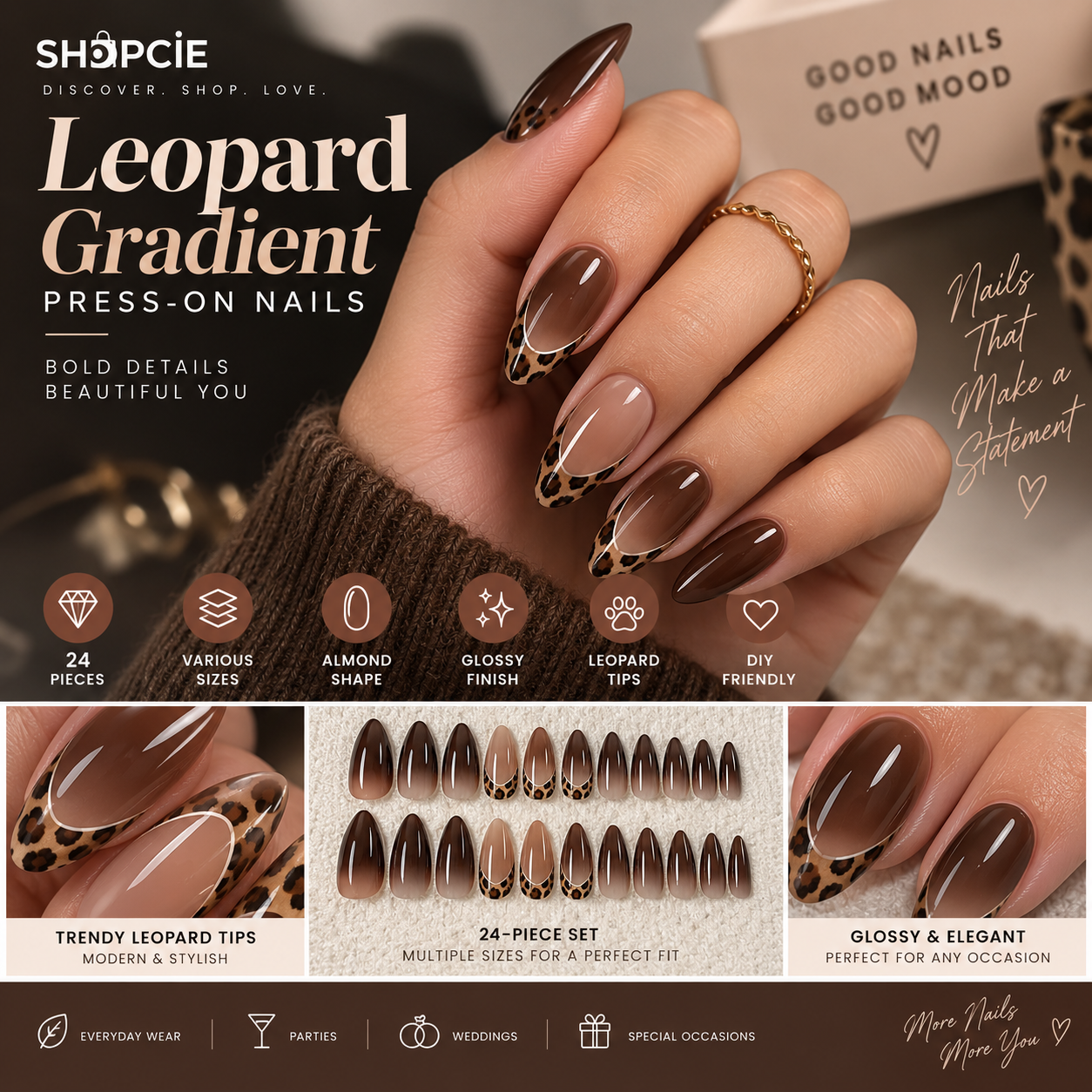 24-Piece Leopard French Tip Almond Press-On Nails