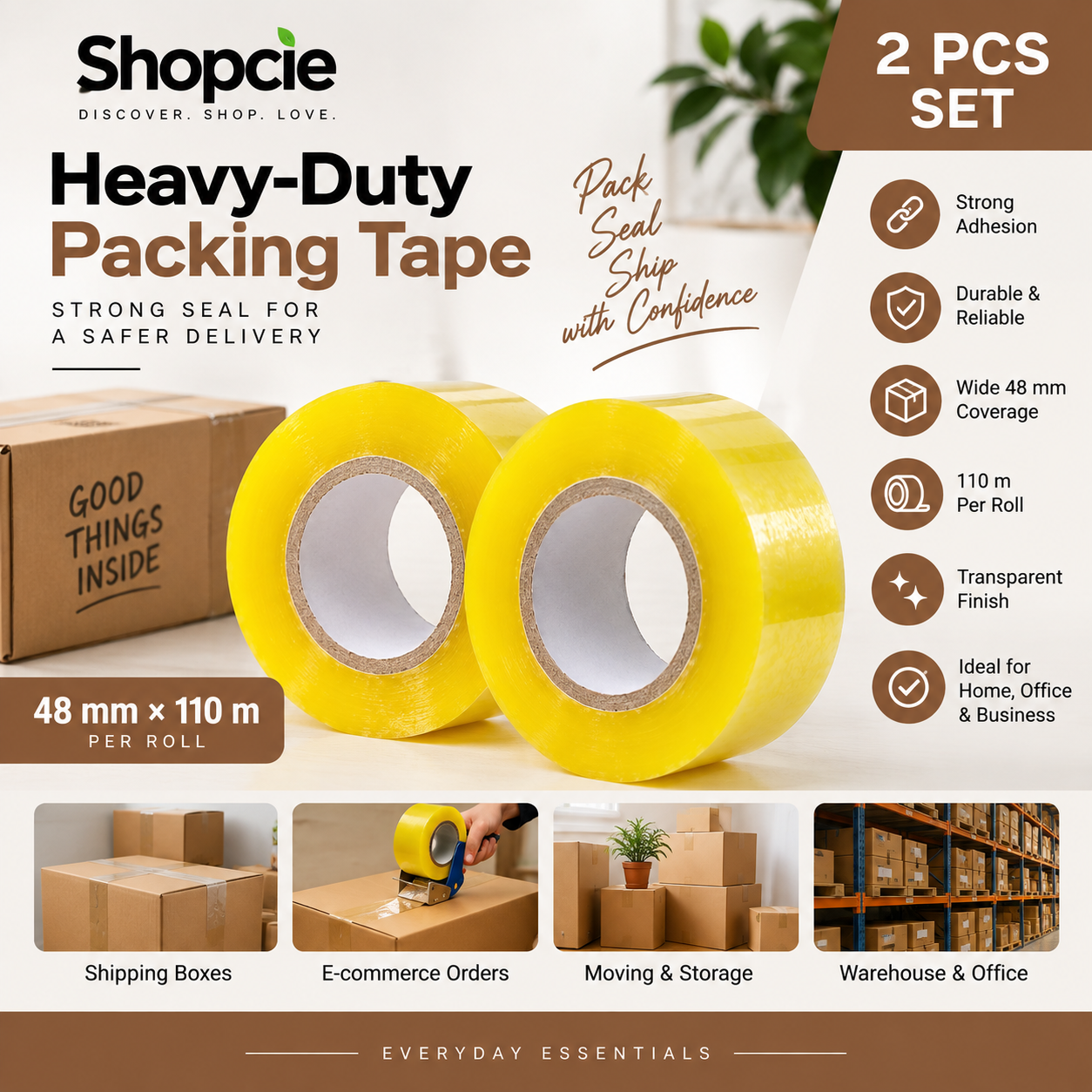 Heavy-Duty Transparent Packing Tape 2 Rolls