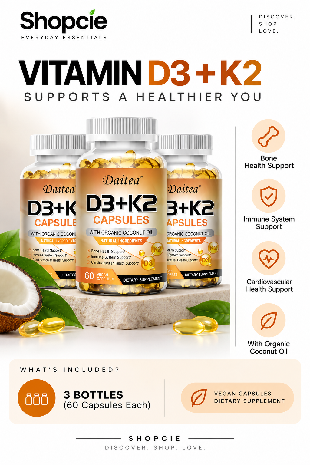 Vitamin D3 5000 IU + K2 MK-7 200mcg – 3 Bottles, 180 Vegan Capsules