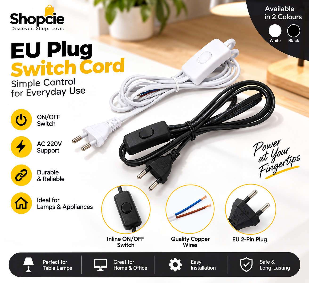 EU Plug Power Cord with Inline ON/OFF Switch – 2-Pin Lamp Extension Cable