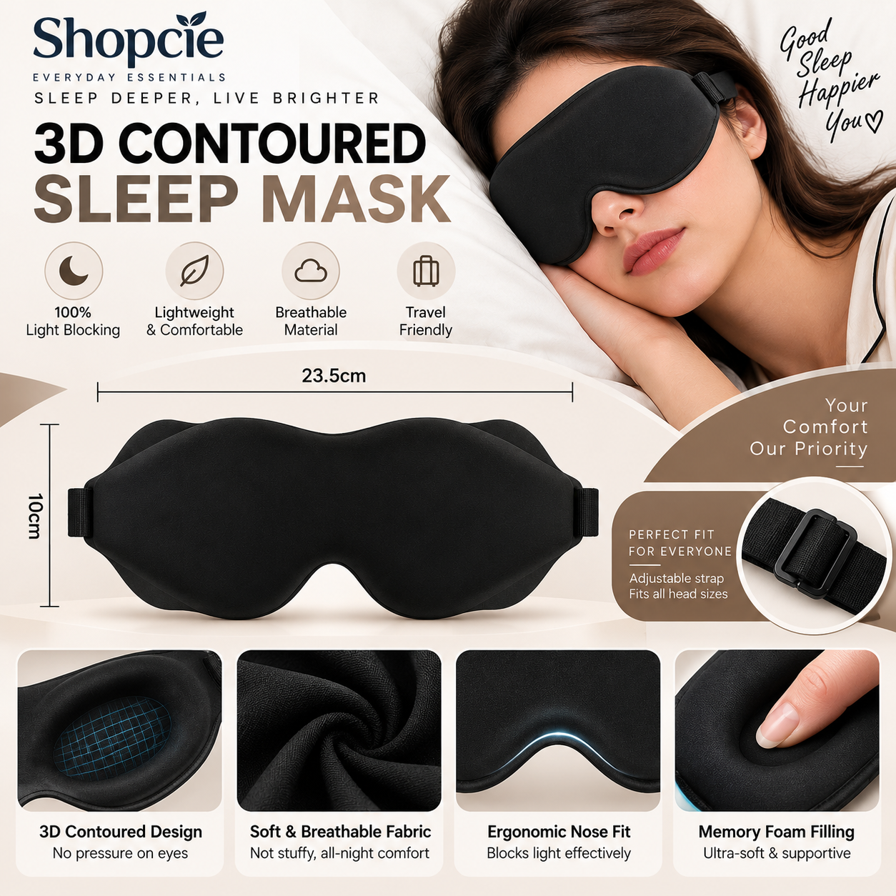 3D Contoured Sleep Mask – Light Blocking Eye Mask for Sleep & Travel