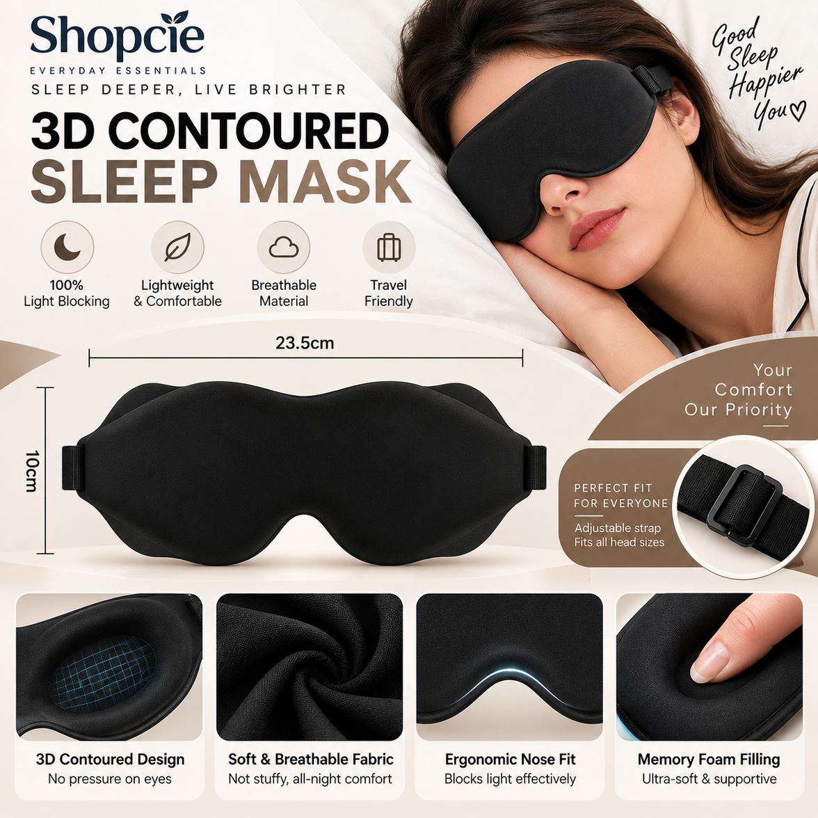 3D Contoured Sleep Mask – Light Blocking Eye Mask for Sleep & Travel