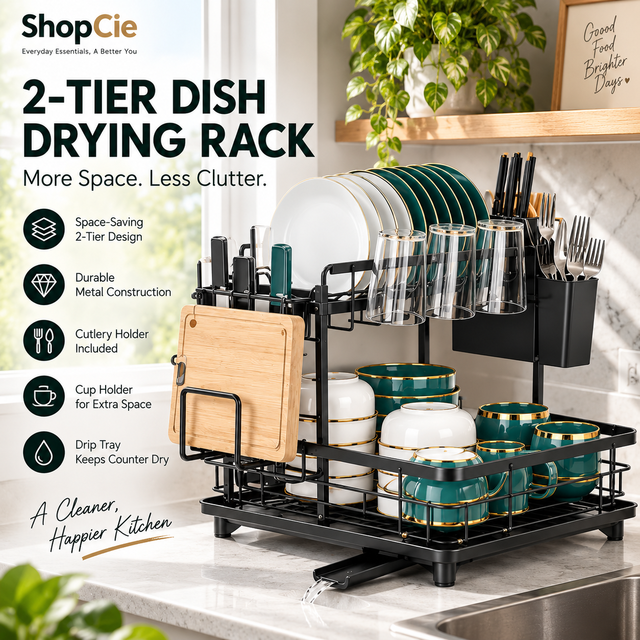2-Tier Dish Drying Rack with Drainboard, Cutlery & Cup Holder