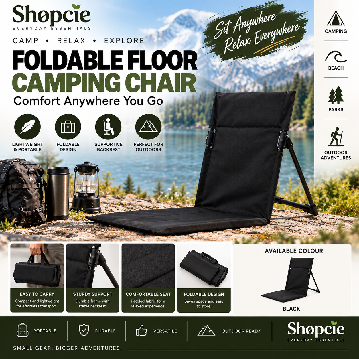 Foldable Floor Camping Chair with Backrest – Portable Outdoor & Beach Seat