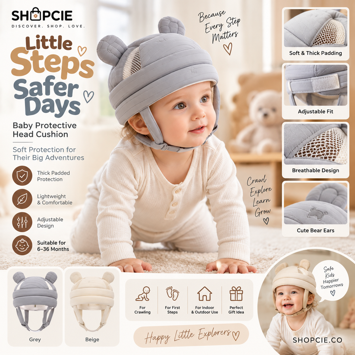 Baby Bear Ear Protective Head Cushion – Adjustable Toddler Safety Hat